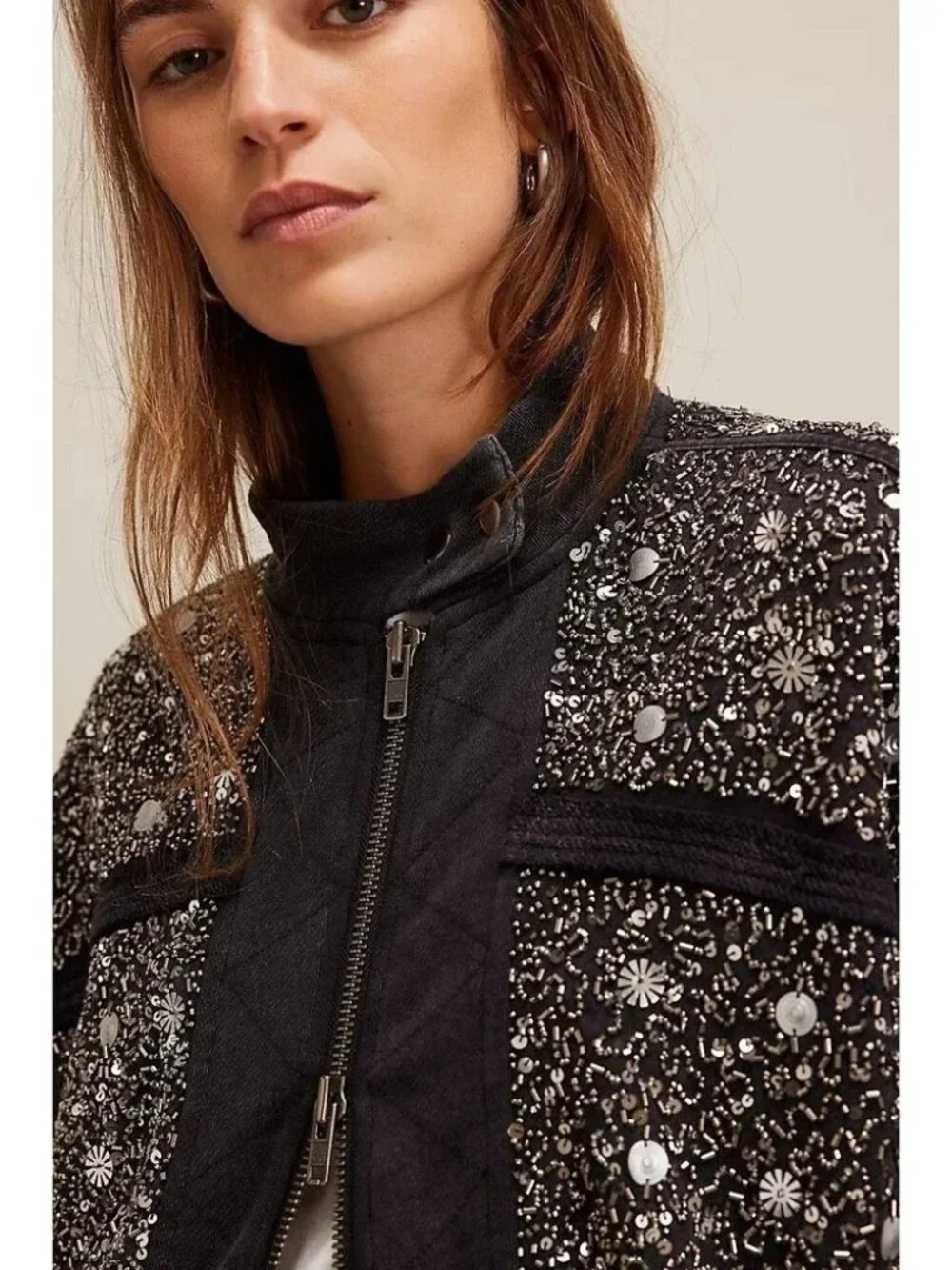 Free People Sparkle Sweatshirt Jacket Top Oversized Ribbed Embellished